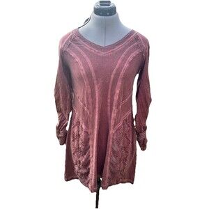 Gretty Zeuger | Maroon Distressed Lace Detail Boho Long Sleeve Dress Size Small